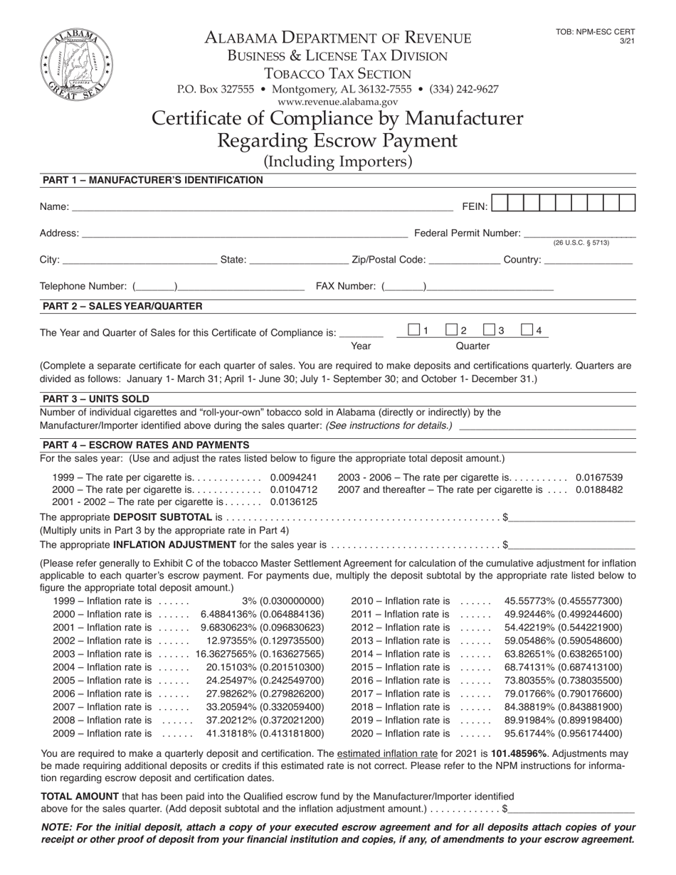 Form TOB: NPM-ESC CERT Certificate of Compliance by Manufacturer Regarding Escrow Payment (Including Importers) - Alabama, Page 1