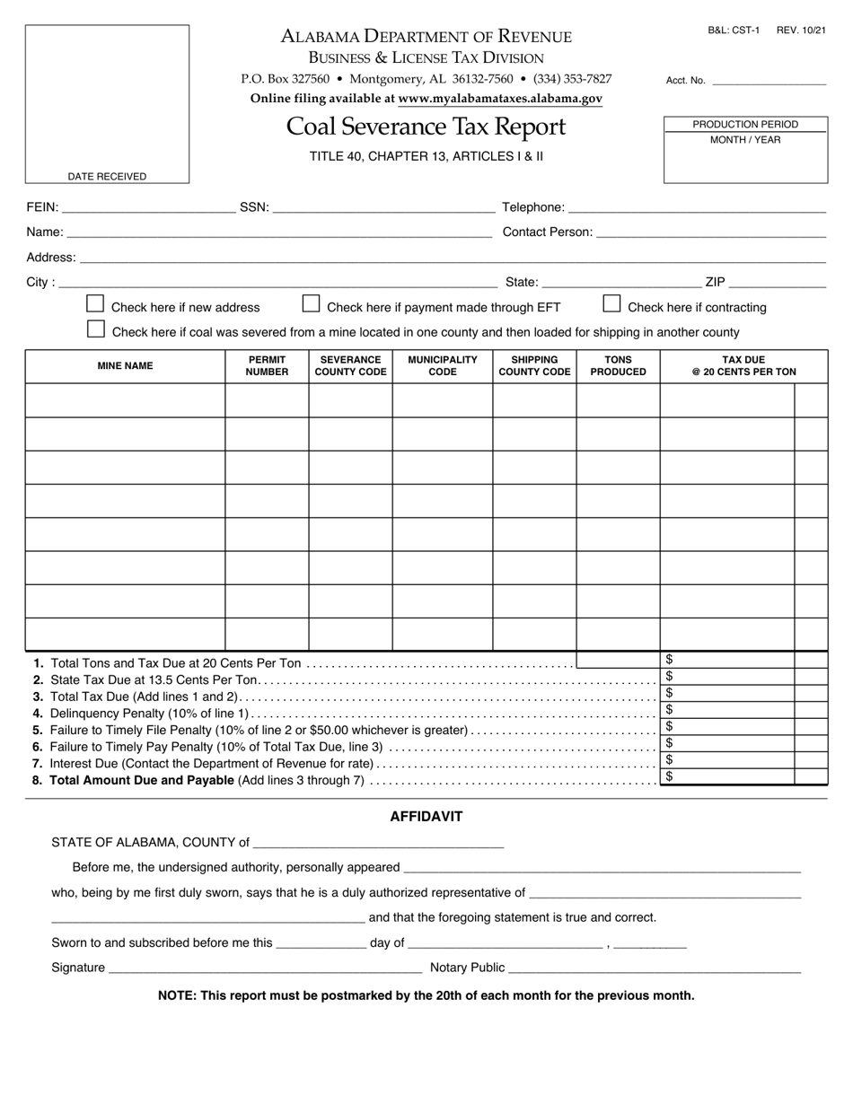 Form BL: CST-1 Coal Severance Tax Report - Alabama, Page 1