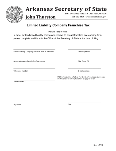 Franchise Tax Registration - Llc - Arkansas Download Pdf