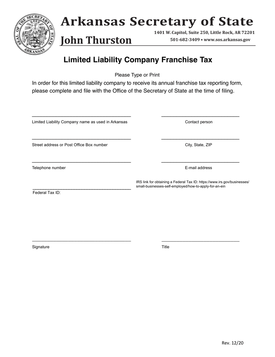 Franchise Tax Registration - Llc - Arkansas, Page 1