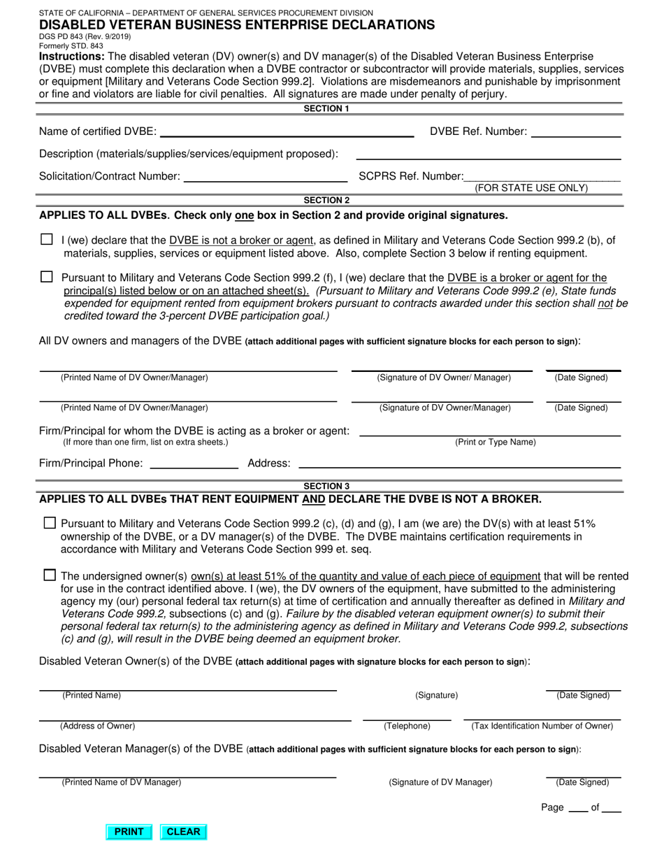 Form DGS PD843 Disabled Veteran Business Enterprise Declarations - California, Page 1
