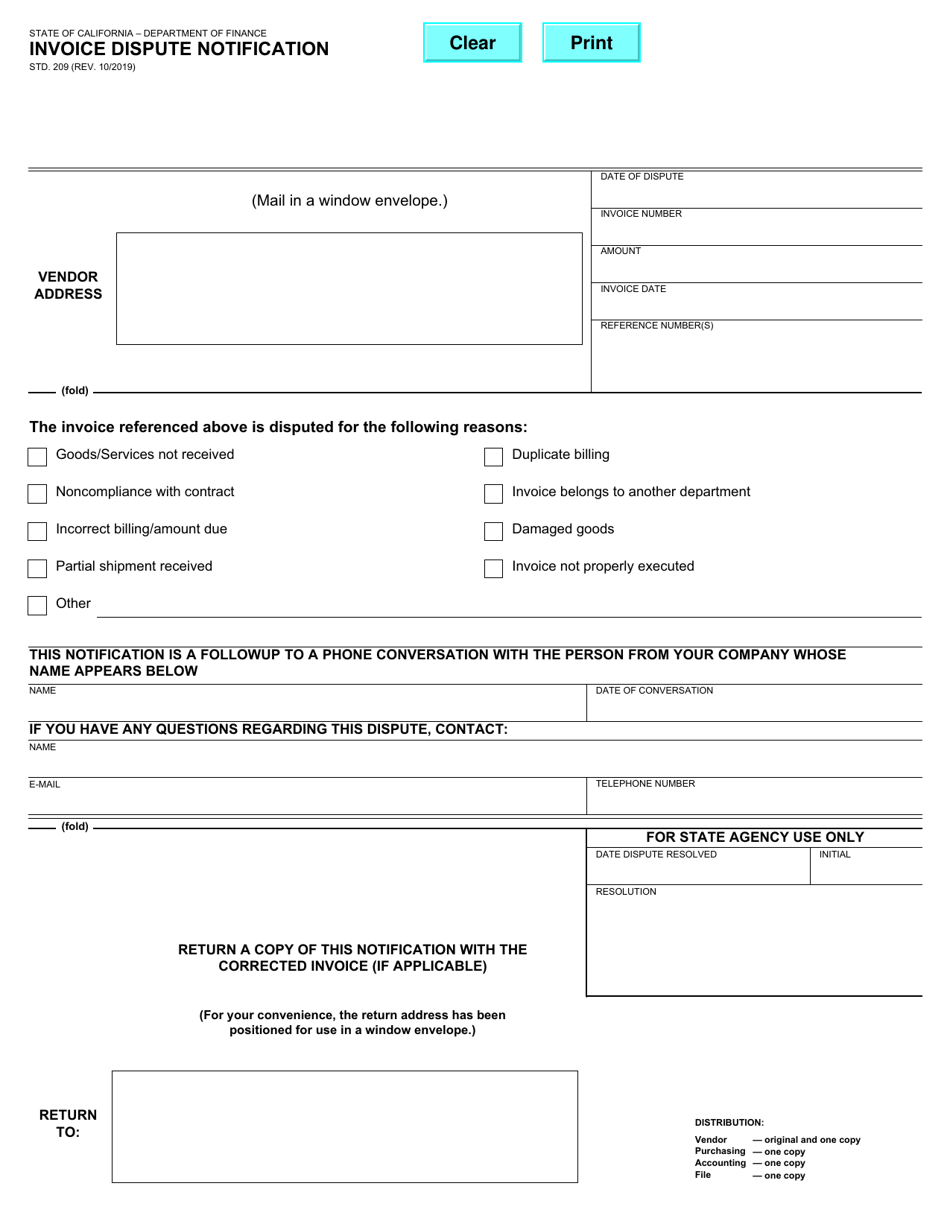 Form STD.209 Invoice Dispute Notification - California, Page 1