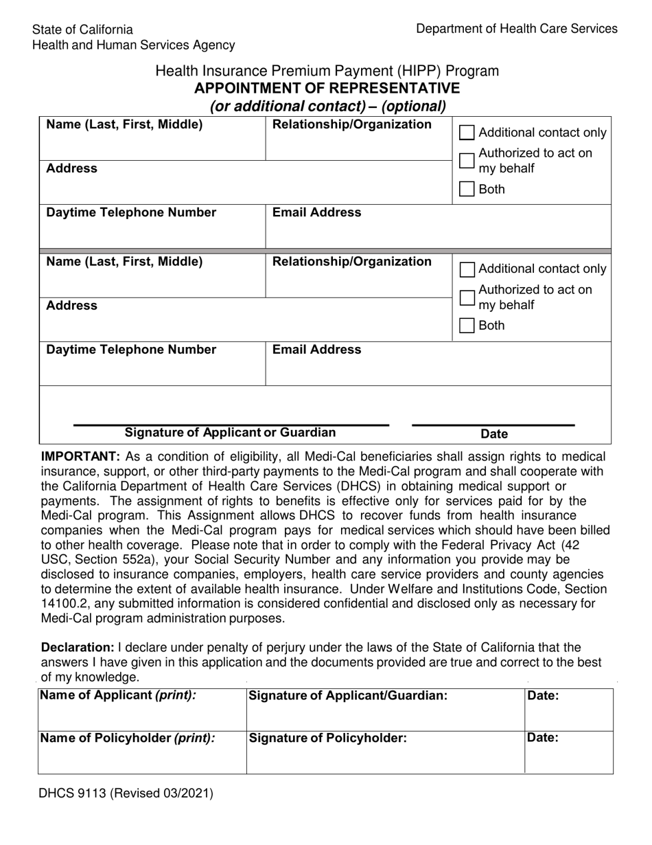 Form DHCS9113 Appointment of Representative (Or Additional Contact) - (Optional) - California, Page 1