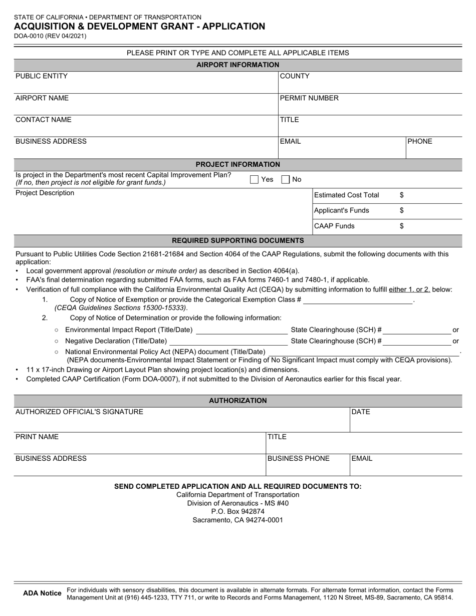 Form DOA-0010 Acquisition  Development Grant - Application - California, Page 1