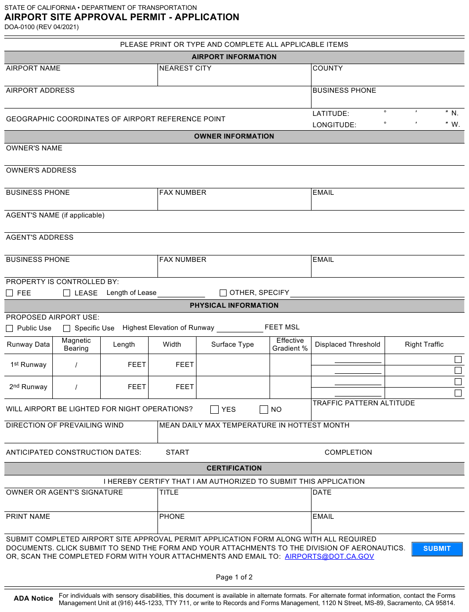 Form DOA-0100 Download Fillable PDF or Fill Online Airport Site ...