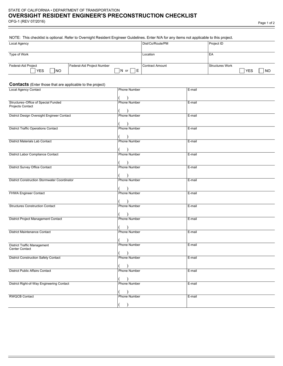 Form OFG-01 Oversight Resident Engineers Preconstruction Checklist - California, Page 1