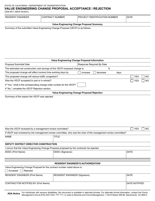 Form CEM-4911 Download Fillable PDF or Fill Online Value Engineering ...