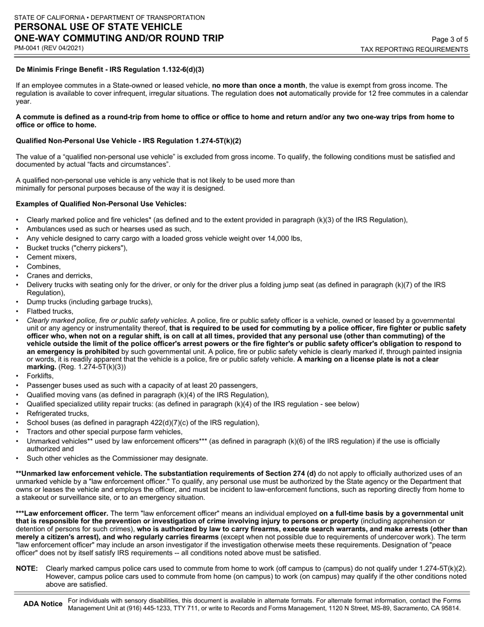 Form PM-0041 Personal Use of State Vehicle One-Way Commuting and / or Round Trip - California, Page 3