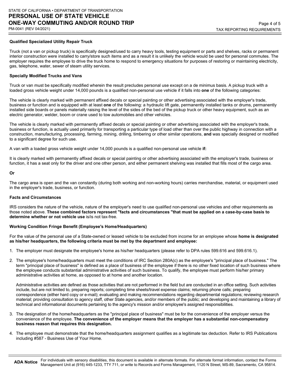 Form PM-0041 Personal Use of State Vehicle One-Way Commuting and / or Round Trip - California, Page 4