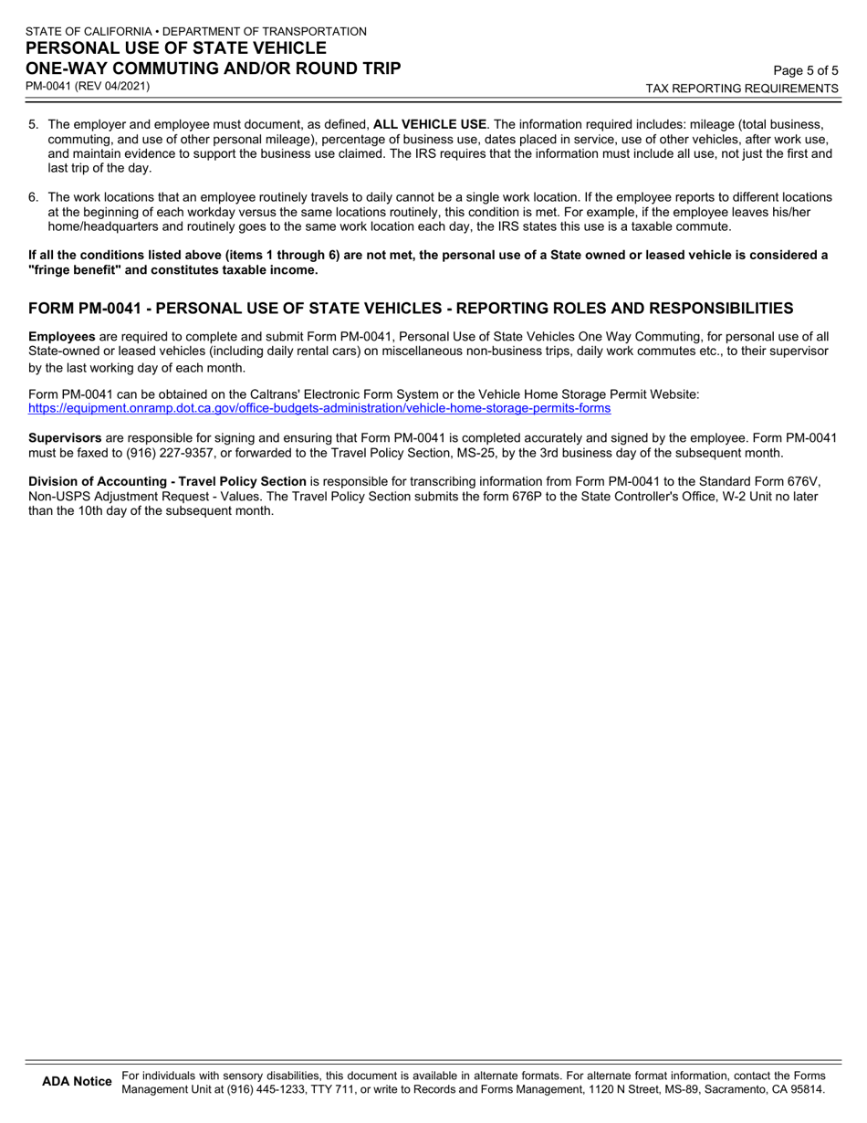 Form PM-0041 Personal Use of State Vehicle One-Way Commuting and / or Round Trip - California, Page 5
