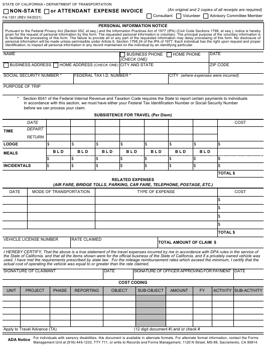 Form FA-1301 Download Fillable PDF or Fill Online Non-state or ...