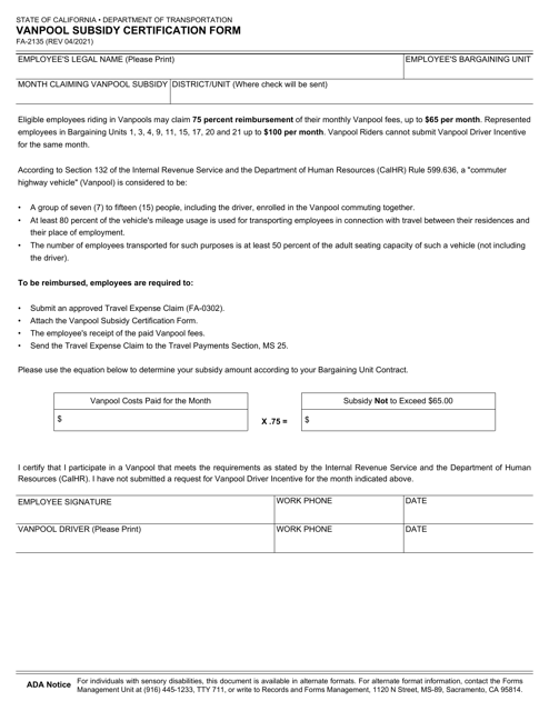 Form FA-2135  Printable Pdf