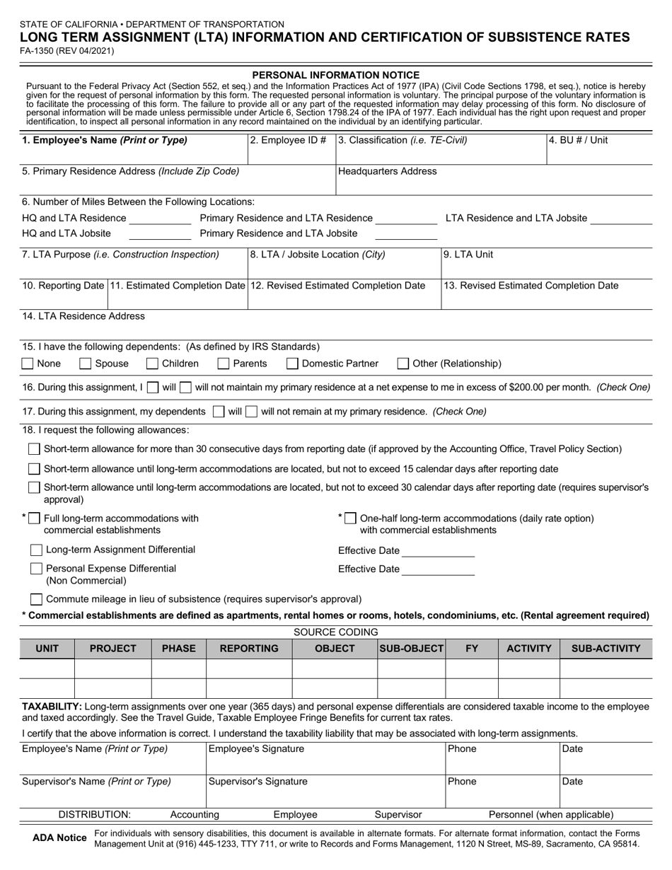 Form FA1350 Download Fillable PDF or Fill Online Long Term Assignment