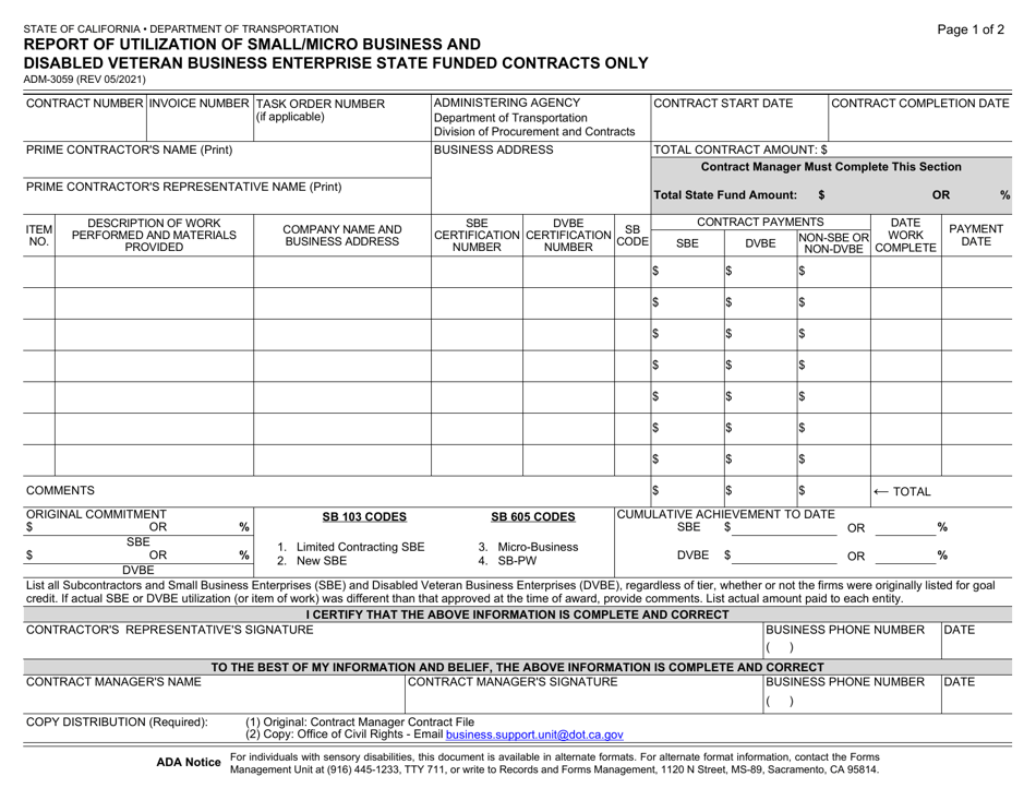 Form ADM-3059 Report of Utilization of Small/Micro Business and Disabled Veteran Business Enterprise State Funded Contracts Only - California, Page 1
