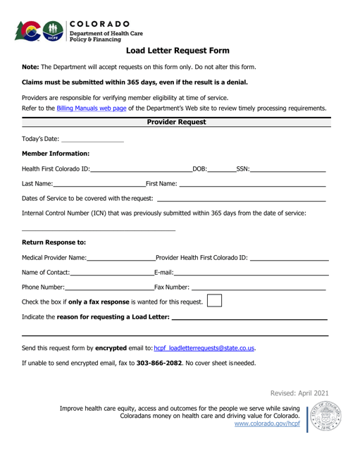 Load Letter Request Form - Colorado Download Pdf