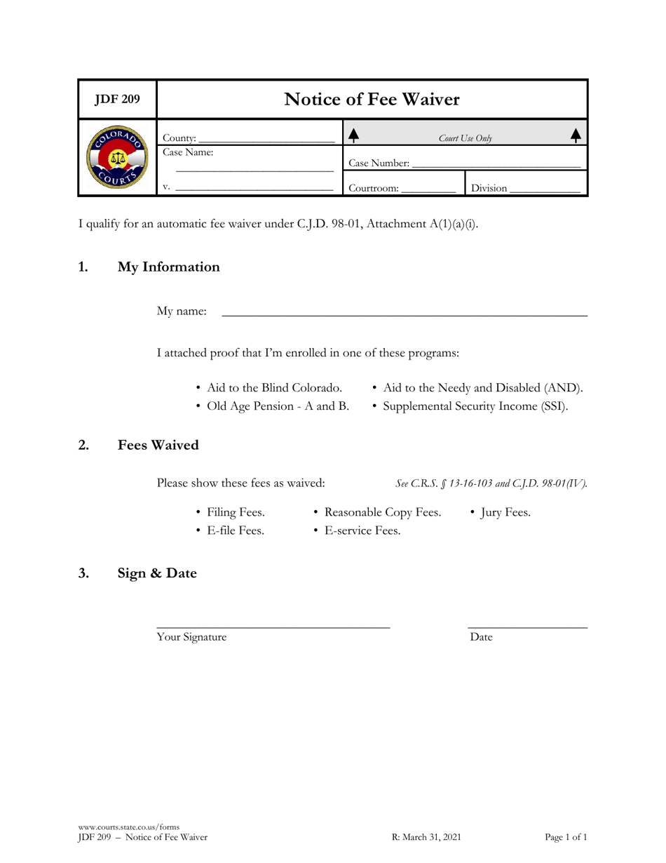Form JDF209 Notice of Fee Waiver - Colorado, Page 1