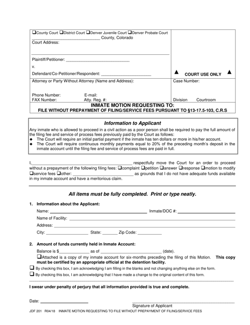 Form JDF201 Inmate Motion Requesting to File Without Prepayment of Filing/Service Fees - Colorado