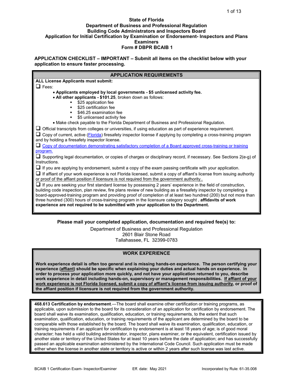 Form DBPR BCAIB1 Download Printable PDF or Fill Online Application for