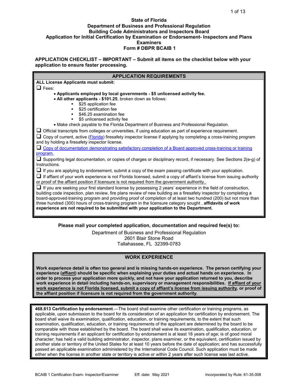 Form DBPR BCAIB1 Application for Initial Certification by Examination or Endorsement - Inspectors and Plans Examiners - Florida, Page 1