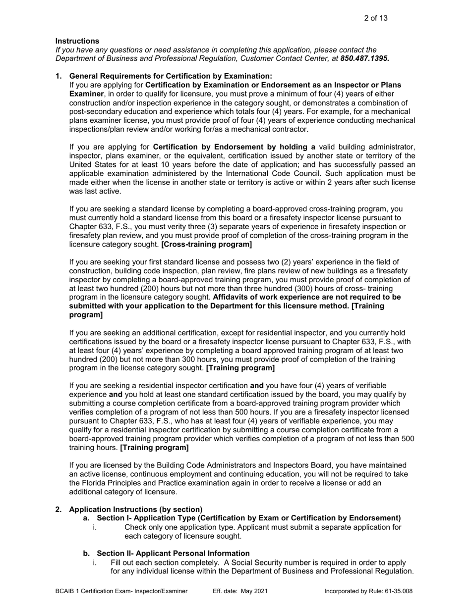 Form DBPR BCAIB1 Application for Initial Certification by Examination or Endorsement - Inspectors and Plans Examiners - Florida, Page 2