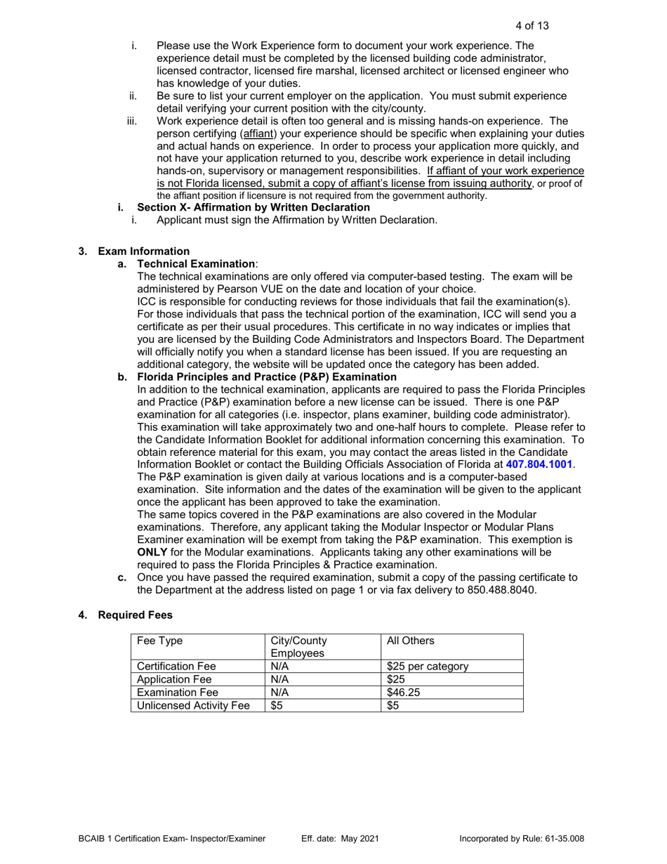 Form DBPR BCAIB1 Application for Initial Certification by Examination or Endorsement - Inspectors and Plans Examiners - Florida, Page 4