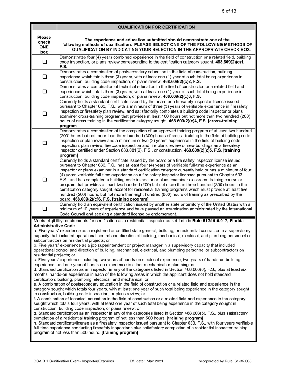 Form DBPR BCAIB1 Application for Initial Certification by Examination or Endorsement - Inspectors and Plans Examiners - Florida, Page 5