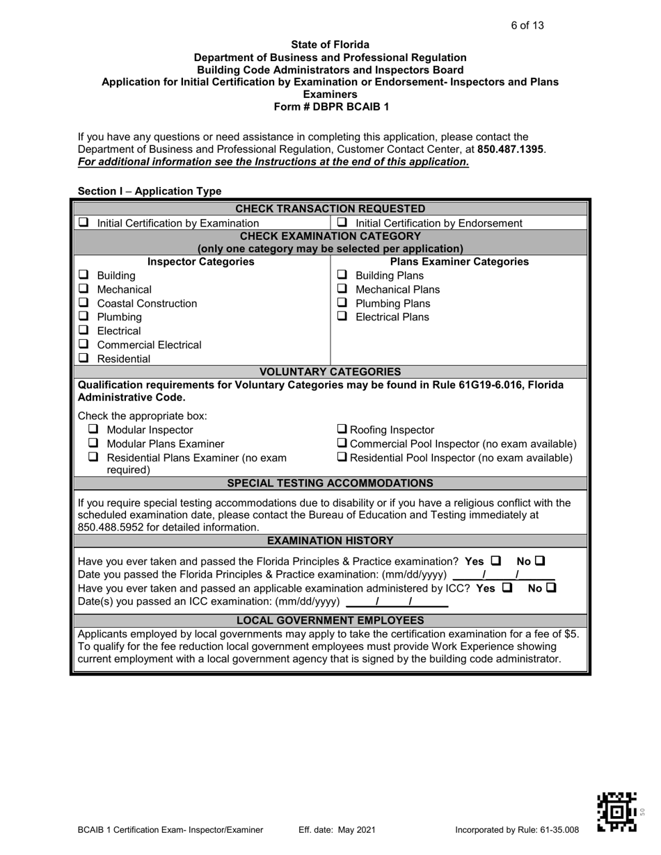 Form DBPR BCAIB1 Application for Initial Certification by Examination or Endorsement - Inspectors and Plans Examiners - Florida, Page 6
