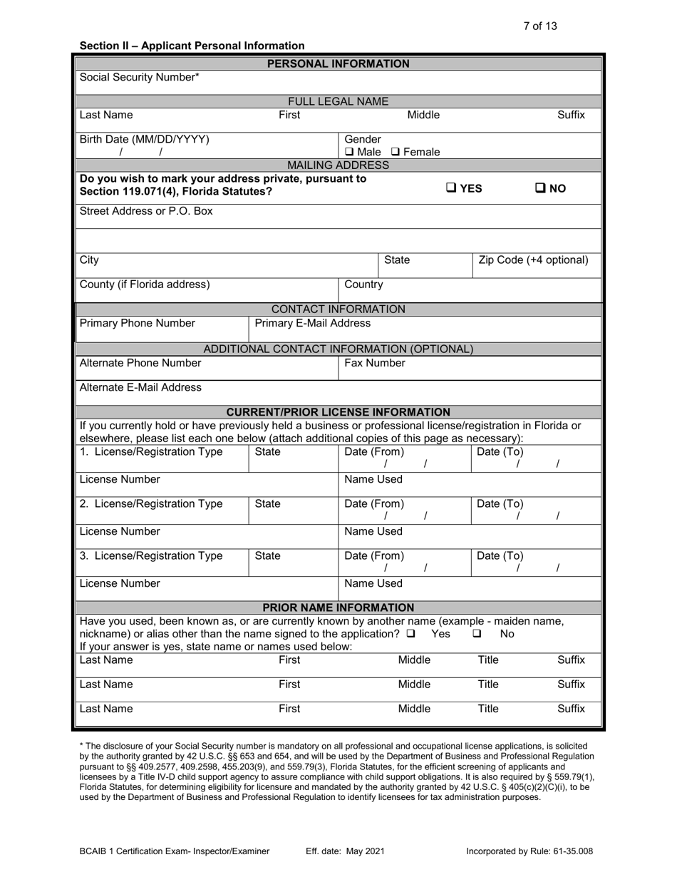 Form DBPR BCAIB1 Application for Initial Certification by Examination or Endorsement - Inspectors and Plans Examiners - Florida, Page 7
