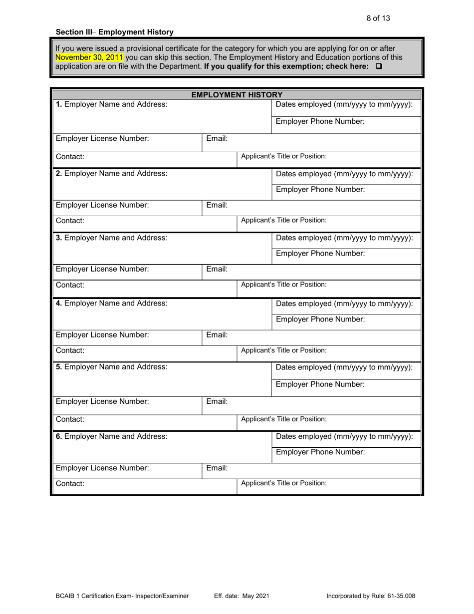 Form DBPR BCAIB1 Application for Initial Certification by Examination or Endorsement - Inspectors and Plans Examiners - Florida, Page 8