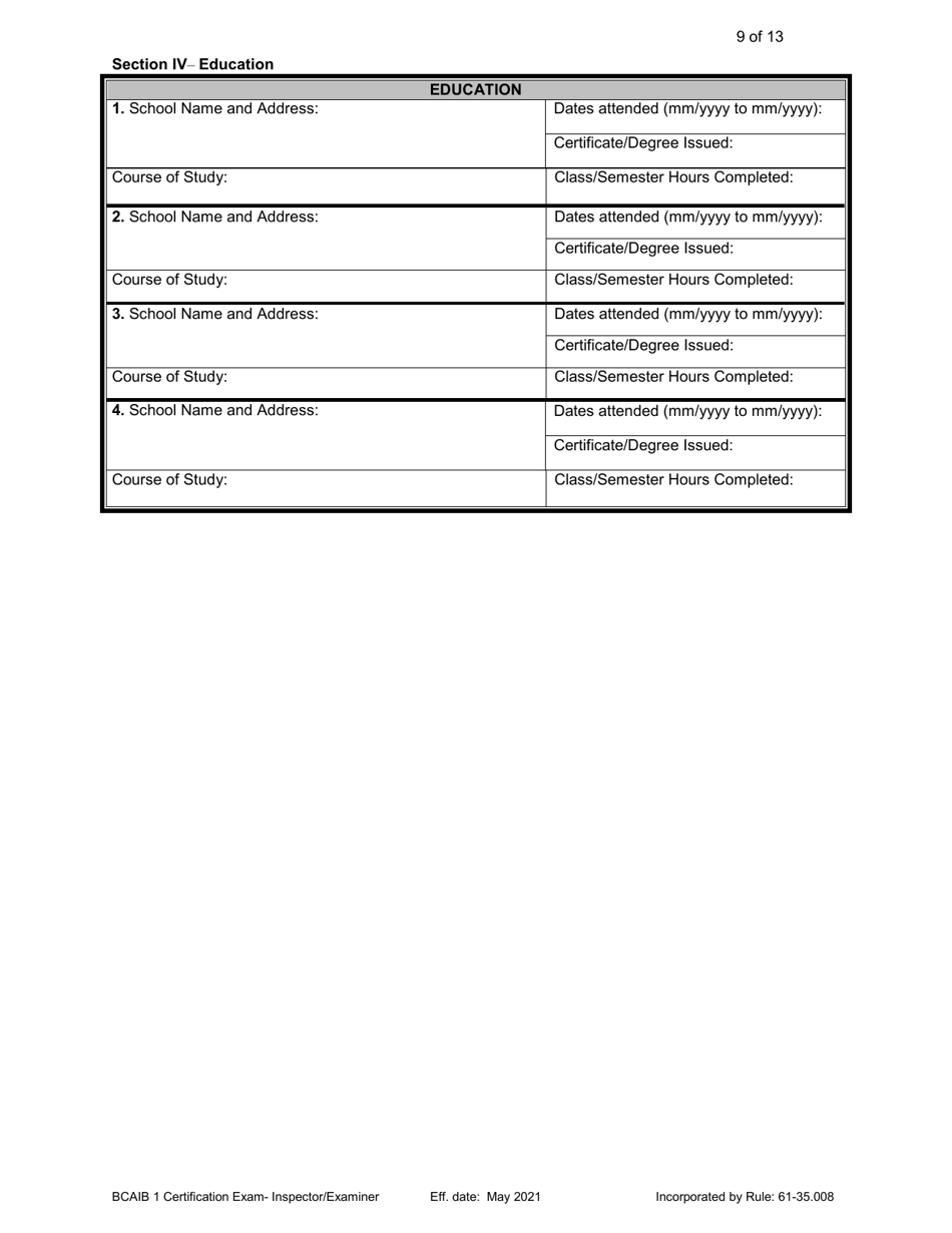 Form DBPR BCAIB1 Application for Initial Certification by Examination or Endorsement - Inspectors and Plans Examiners - Florida, Page 9