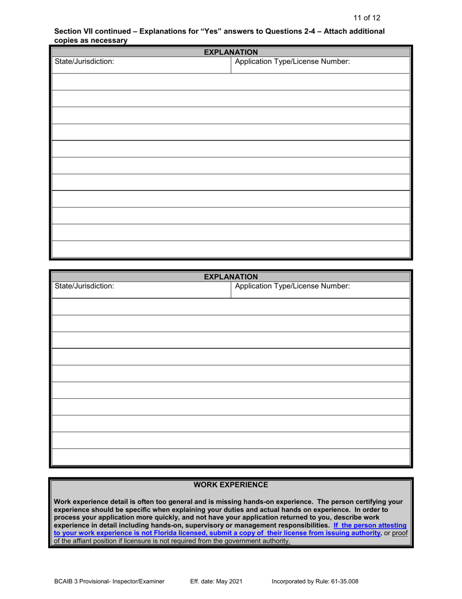 Form DBPR BCAIB3 Application for Provisional Certificate - Inspectors and Plans Examiners - Florida, Page 11