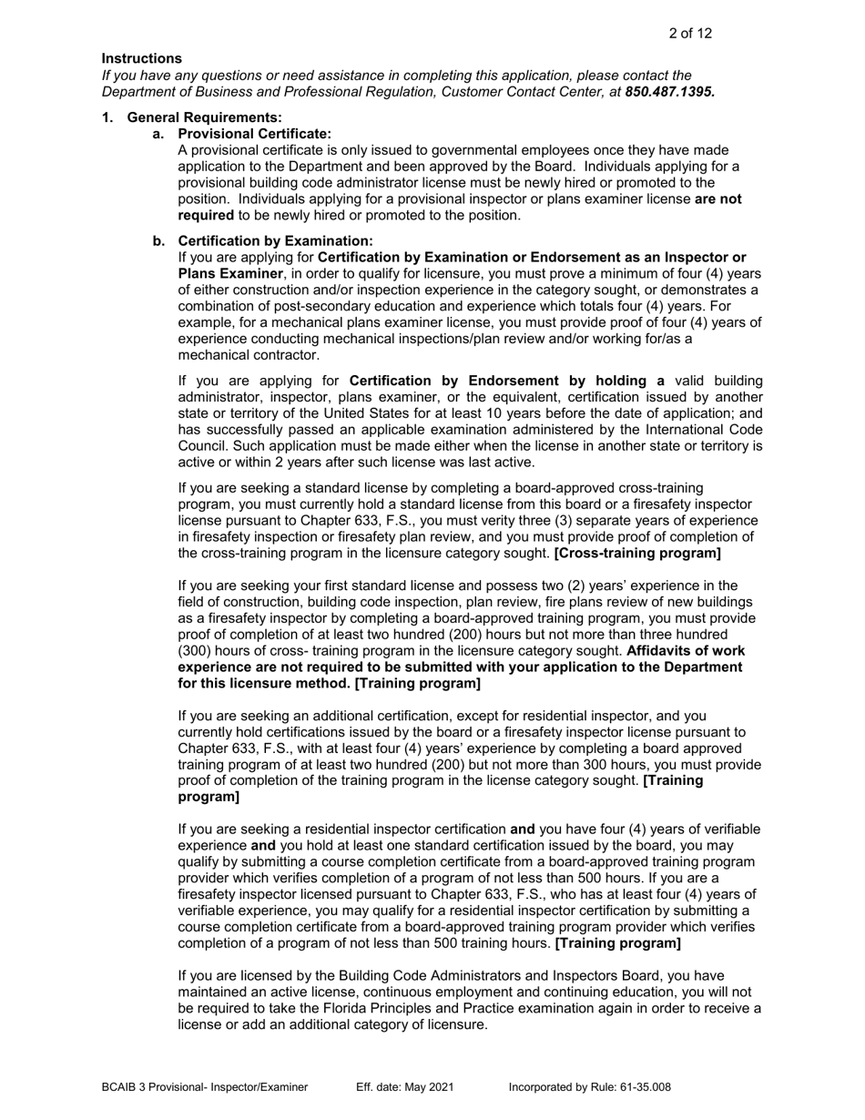 Form DBPR BCAIB3 Application for Provisional Certificate - Inspectors and Plans Examiners - Florida, Page 2