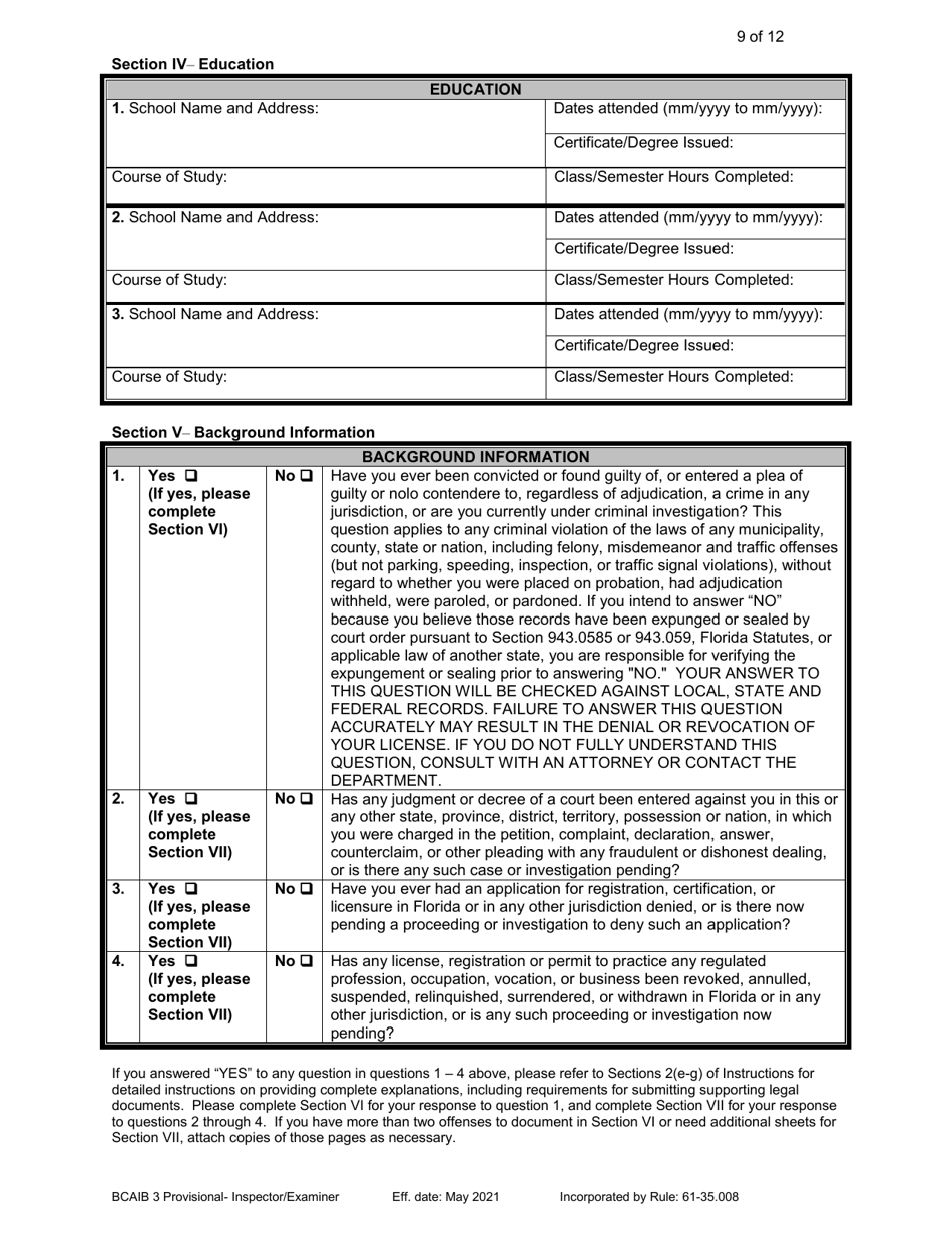 Form DBPR BCAIB3 Application for Provisional Certificate - Inspectors and Plans Examiners - Florida, Page 9