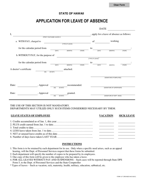 HRD Form G-1 Application for Leave of Absence - Hawaii