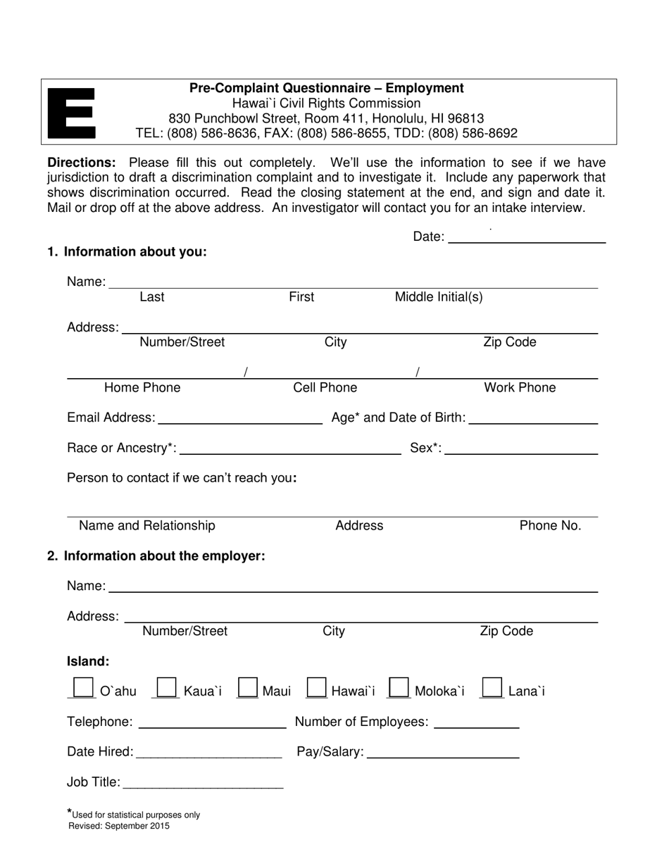 Pre-complaint Questionnaire - Employment - Hawaii, Page 3