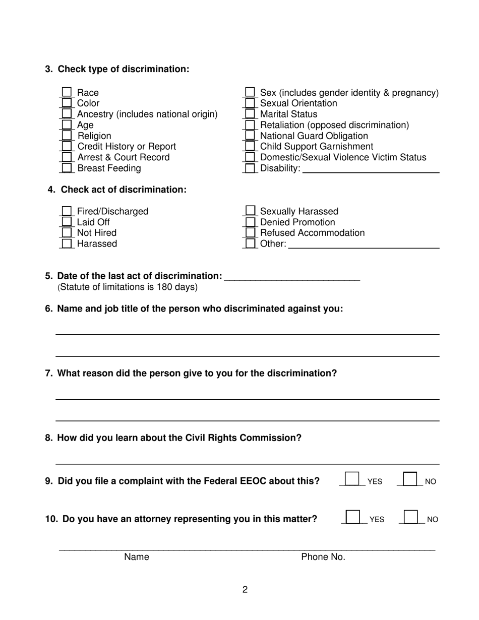 Pre-complaint Questionnaire - Employment - Hawaii, Page 4