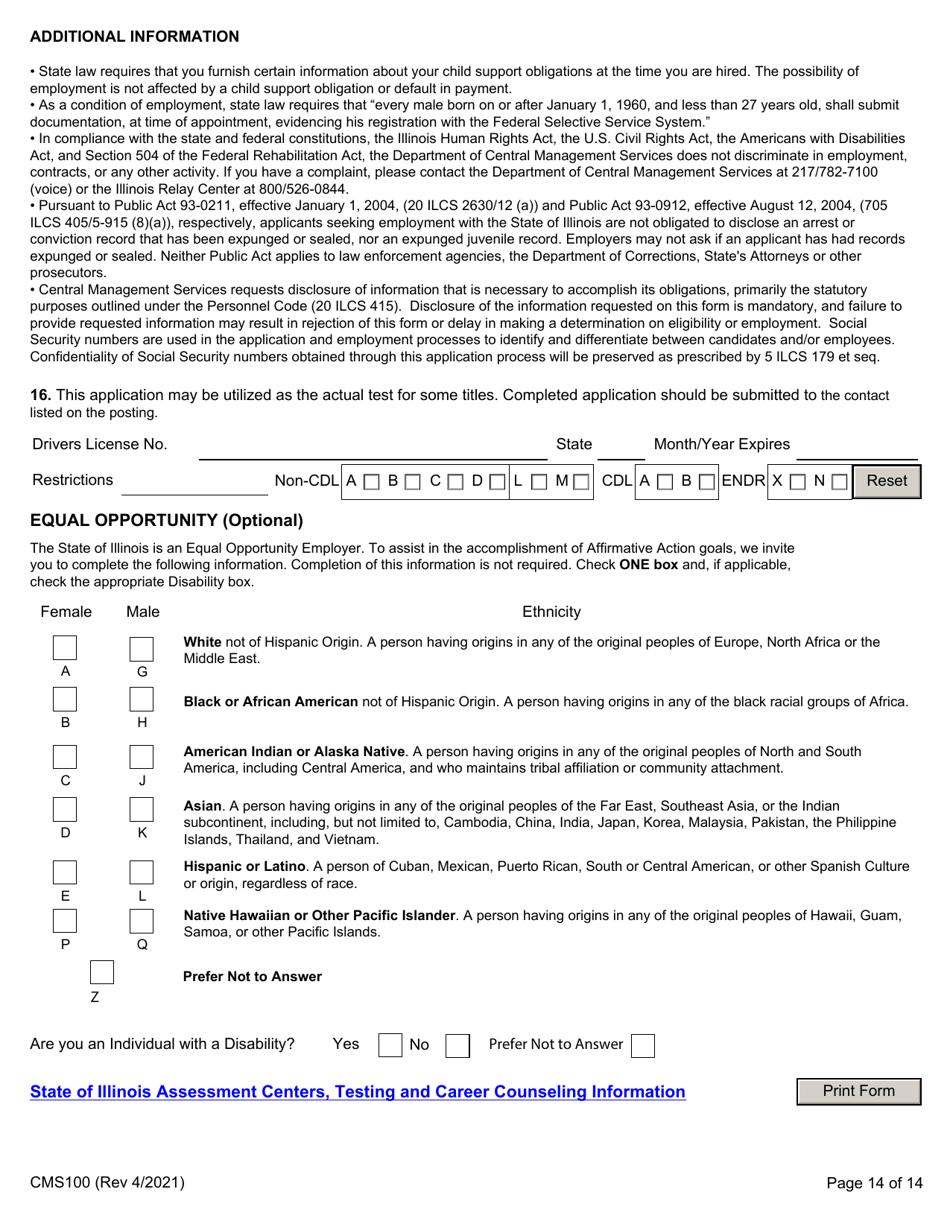Form CMS100 Examining / Employment Application - Illinois, Page 14