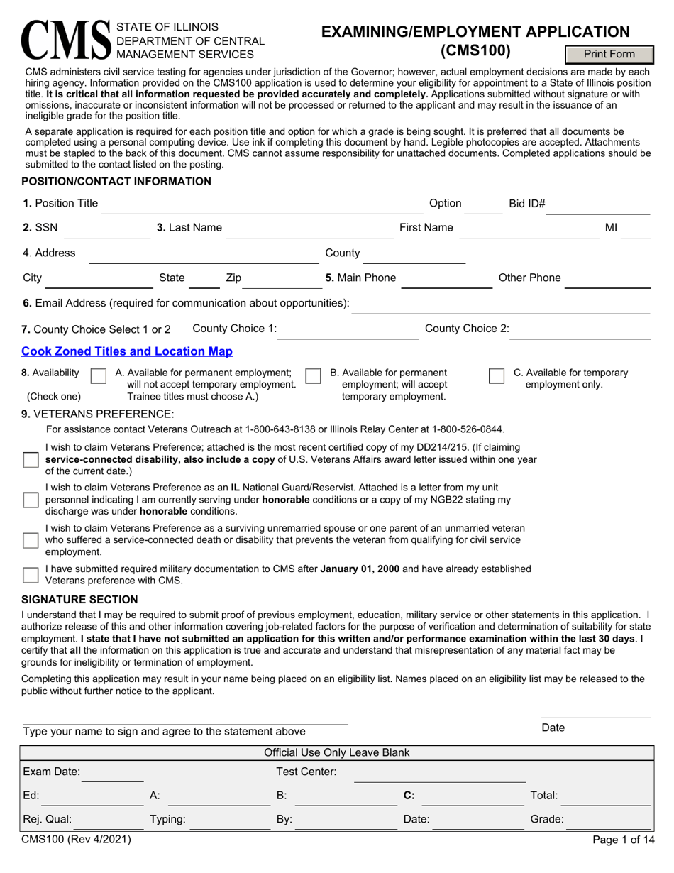 Form CMS100 Examining / Employment Application - Illinois, Page 1