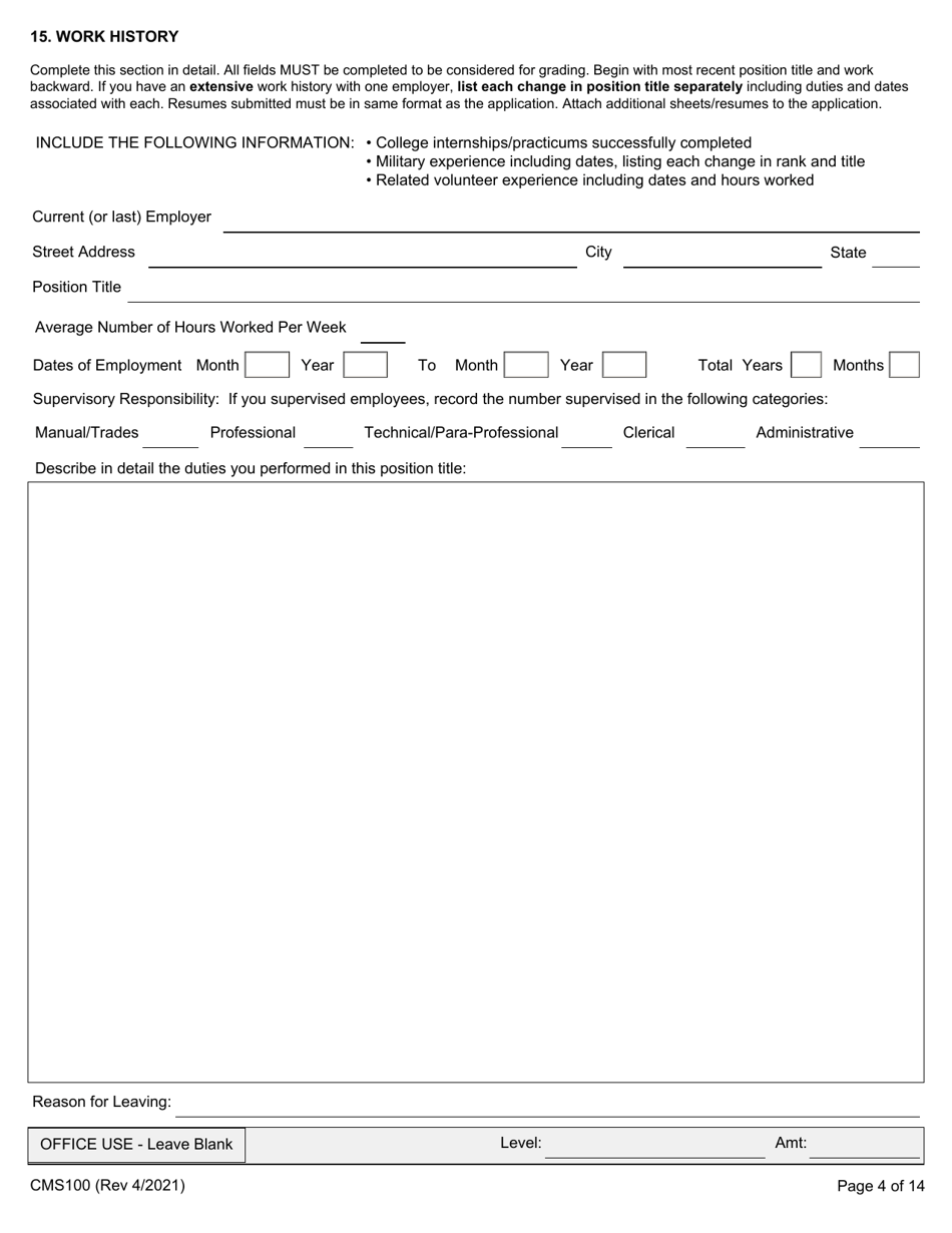 Form CMS100 Examining / Employment Application - Illinois, Page 4