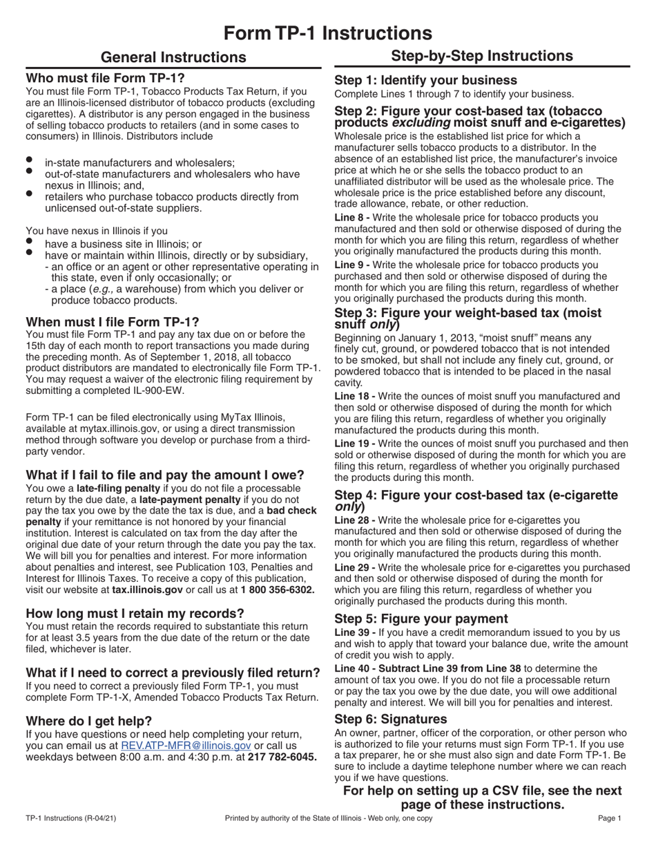 Download Instructions for Form TP1 Tobacco Products Tax Return PDF
