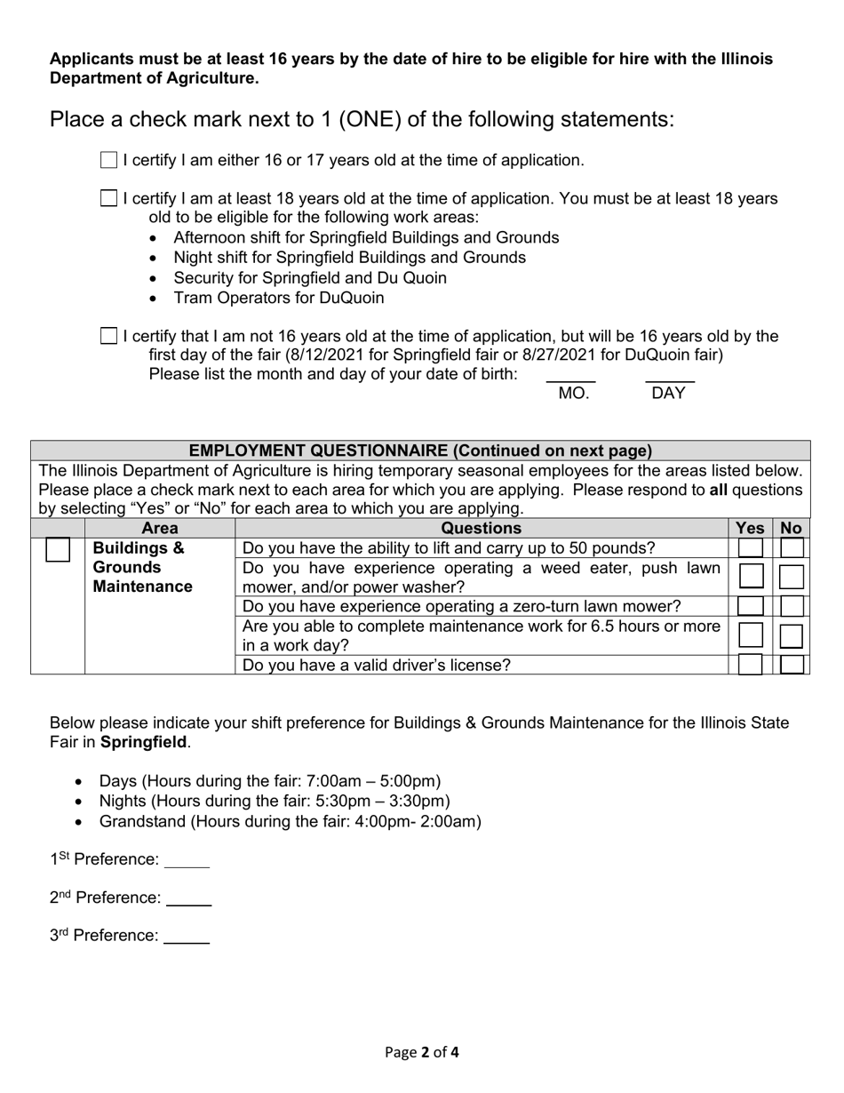 Application for Employment an Equal Opportunity Employer / Affirmative Action Employer - Seasonal Hires - Illinois, Page 2