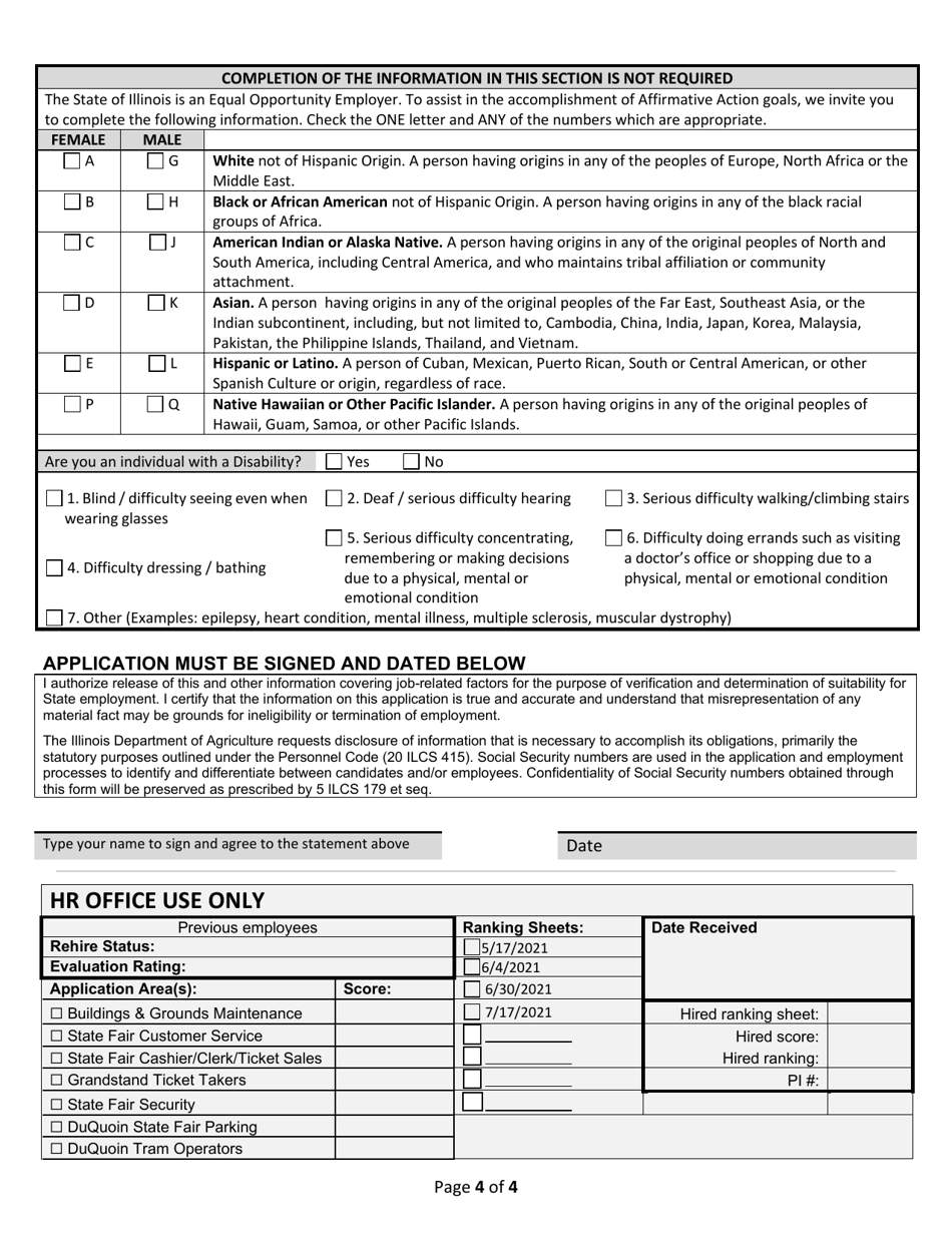Application for Employment an Equal Opportunity Employer / Affirmative Action Employer - Seasonal Hires - Illinois, Page 4