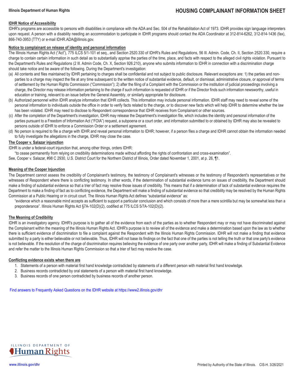 Form CIS-H Housing / Real Estate Transaction Complainant Information Sheet - Illinois, Page 3