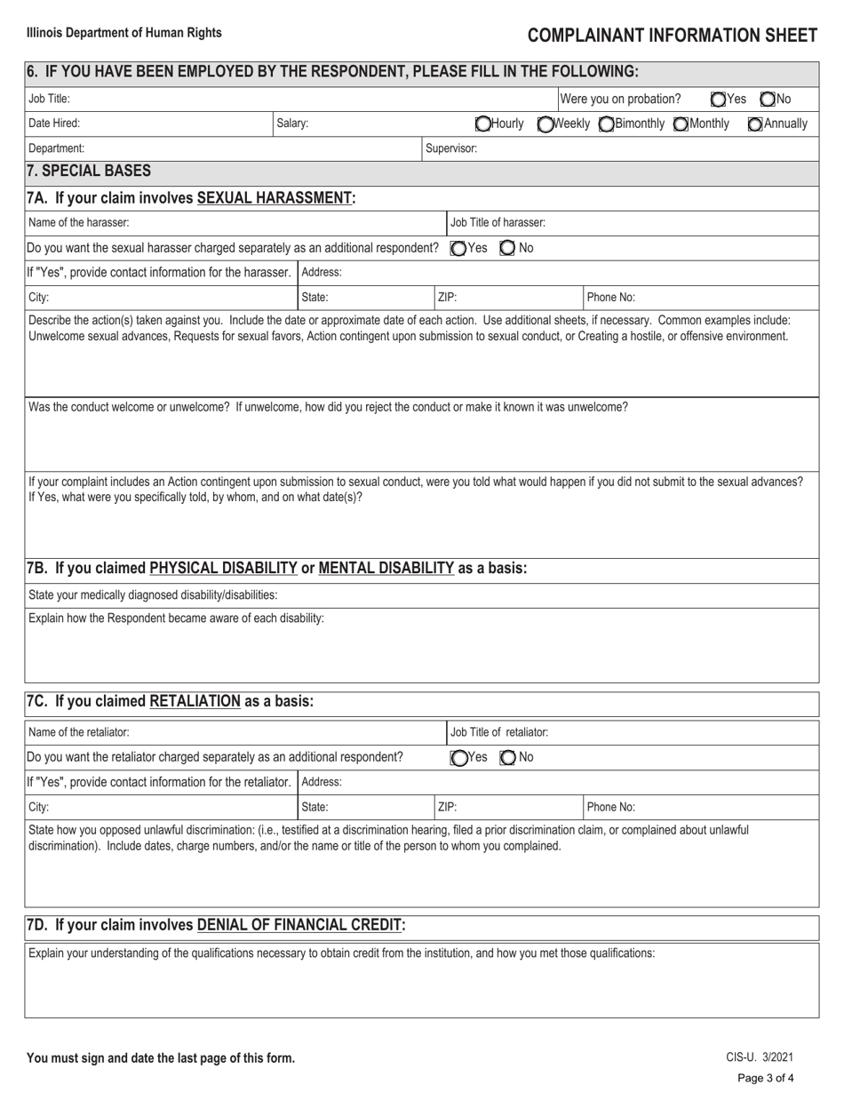 Form CIS-U Complainant Information Sheet (For All Cases Not Related to Housing Discrimination) - Illinois, Page 3
