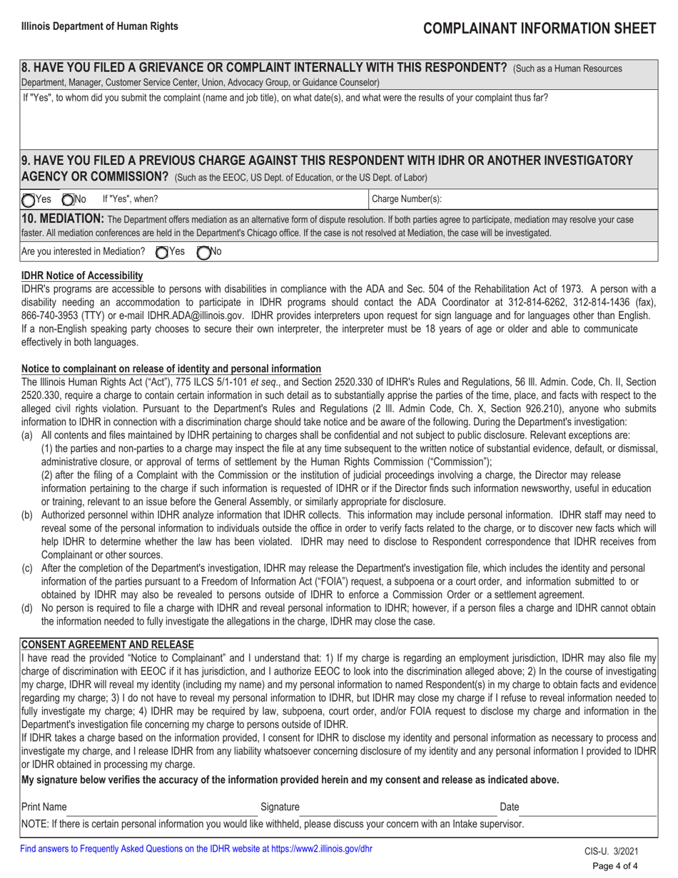 Form CIS-U Complainant Information Sheet (For All Cases Not Related to Housing Discrimination) - Illinois, Page 4