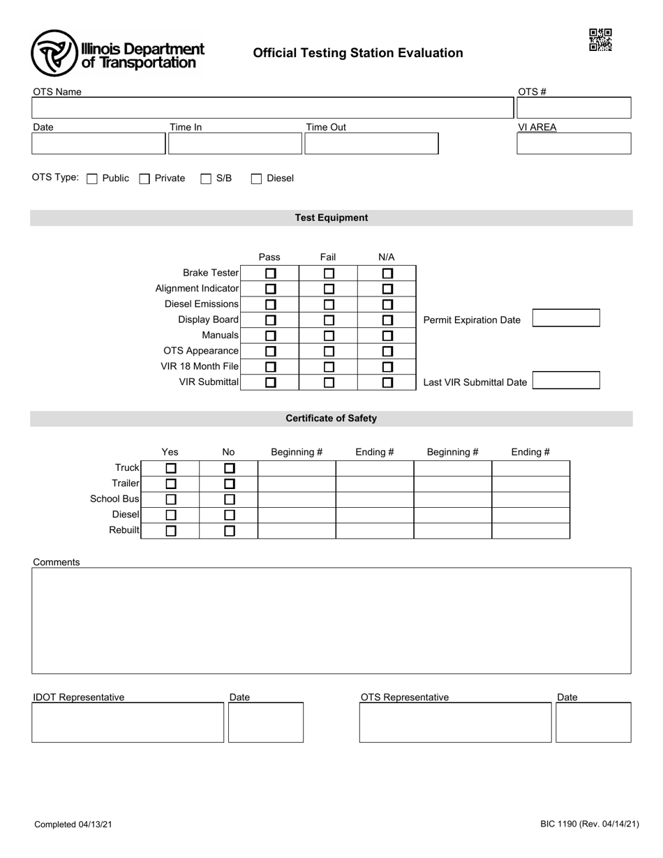 Form BIC1190 Official Testing Station Evaluation - Illinois, Page 1