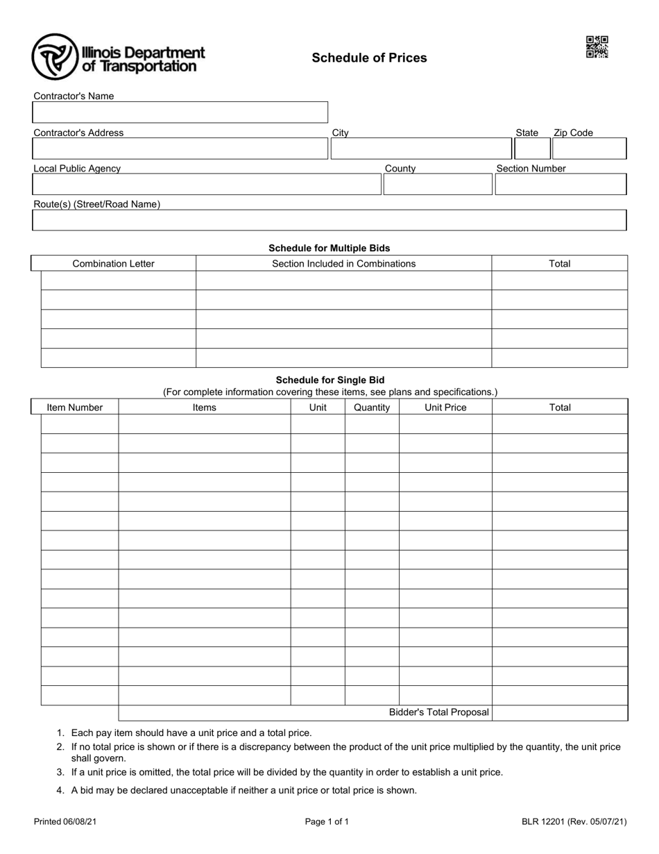 Form BLR12201 Schedule of Prices - Illinois, Page 1