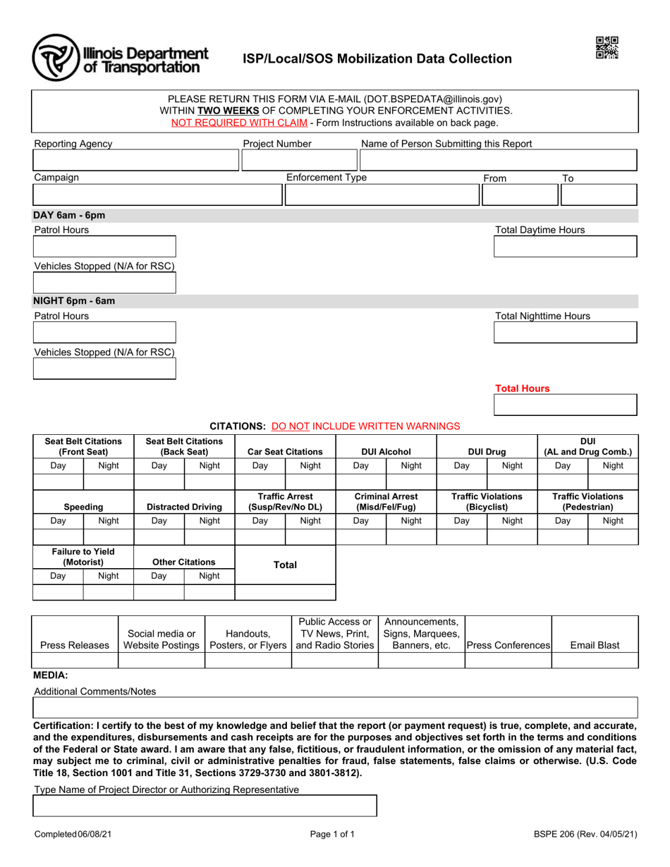 Form BSPE206 Isp / Local / Sos Mobilization Data Collection - Illinois, Page 1