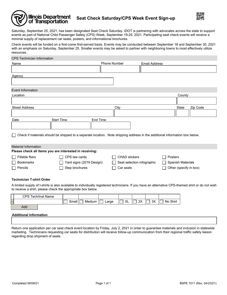 Form BSPE1011 Seat Check Saturday / Cps Week Event Sign-Up - Illinois, Page 1