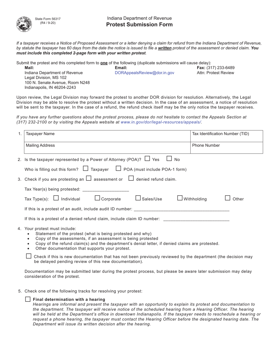 State Form 56317 Protest Submission Form - Indiana, Page 1